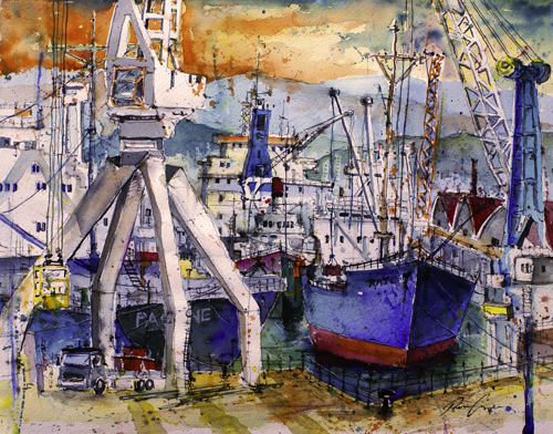 Hafen-Koper Aquarell von Rainer Osinger
